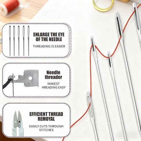 WHNICUST 46PCS Big Eye Stainless Steel Sewing Needles Kit, Hand Quilting Set with Threader and Thimble, Long Thin Needles for DIY Sewing in Saudi Arabia