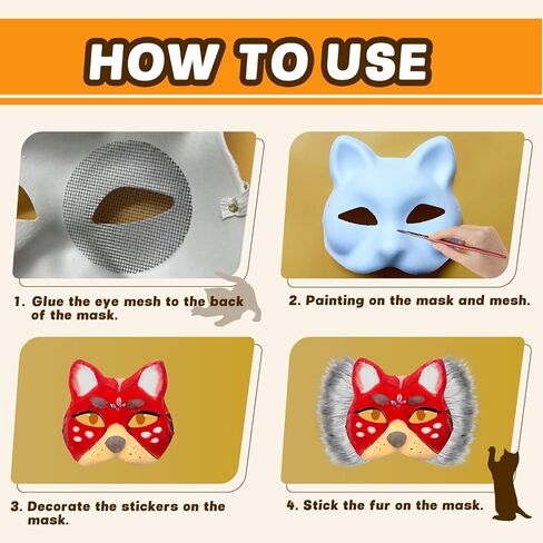 مجموعة أقنعة القطط DIY مع ملصق الفراء والعين والأحجار الكريمة و12 لون طلاء، قناع قطط للطلاء، قناع أبيض فارغ من الفراء، مجموعة أعمال فنية لحفلات عيد الميلاد التنكرية in Kuwait