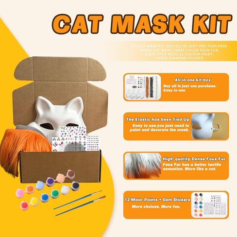 مجموعة أقنعة القطط DIY مع ملصق الفراء والعين والأحجار الكريمة و12 لون طلاء، قناع قطط للطلاء، قناع أبيض فارغ من الفراء، مجموعة أعمال فنية لحفلات عيد الميلاد التنكرية in Kuwait