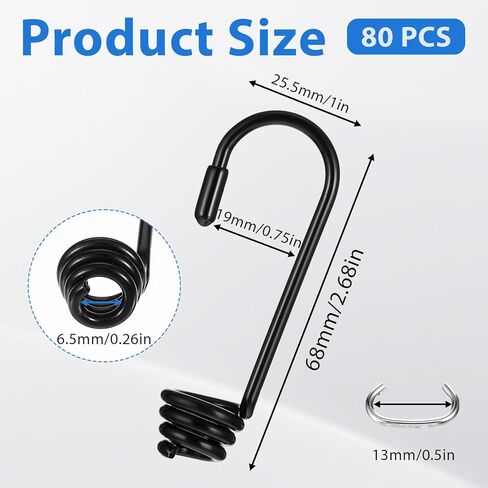80 Pieces Plastic Coated Bungee Cord Hooks with 80 Pieces C-Shape Rings, Spiral Shock Bungee Hooks, for Elastic Rope, Boating, Camping, Auto and Outdoor Uses, Black in Saudi Arabia
