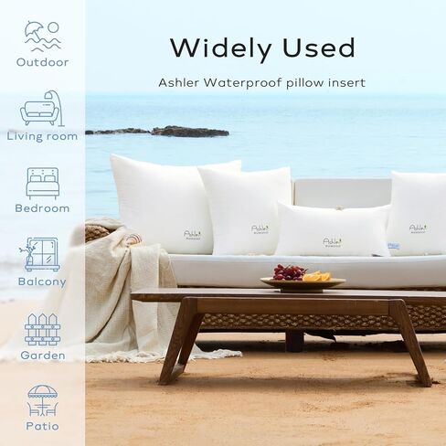 Ashler Home Deco إدراج وسادة في الهواء الطلق 20 × 20 حزمة من 2، وسائد مقاومة للماء مزخرفة للأريكة، وسادة مضادة للحساسية مربعة الشكل وسادة قطنية لأريكة الفراش، أبيض in Kuwait