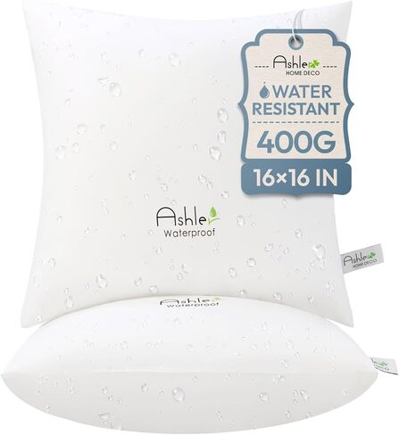 Ashler Home Deco إدراج وسادة في الهواء الطلق 20 × 20 حزمة من 2، وسائد مقاومة للماء مزخرفة للأريكة، وسادة مضادة للحساسية مربعة الشكل وسادة قطنية لأريكة الفراش، أبيض in Kuwait