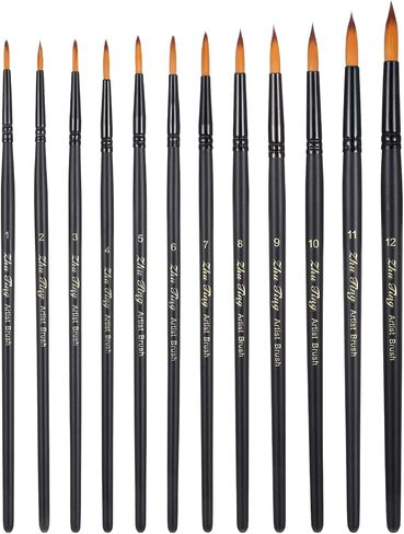 12 قطعة من فرش الطلاء بالألوان المائية للفنانين، مجموعة فرش الألوان المائية الاحترافية، فرش طلاء دائرية بأحجام مختلفة، فرشاة رسم تفصيلية للألوان المائية والأكريليك والحبر والغواش والزيت، أسود in Kuwait