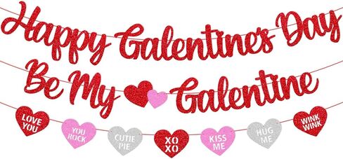 Happy Galentine's Day Banner Be My Galentine Conversation Hearts Garland Pre-strung Glitter Red Valentine’s Day Decor for Girls’ Night Party Decoration in Kuwait
