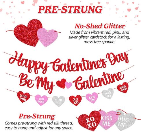 Happy Galentine's Day Banner Be My Galentine Conversation Hearts Garland Pre-strung Glitter Red Valentine’s Day Decor for Girls’ Night Party Decoration in Kuwait