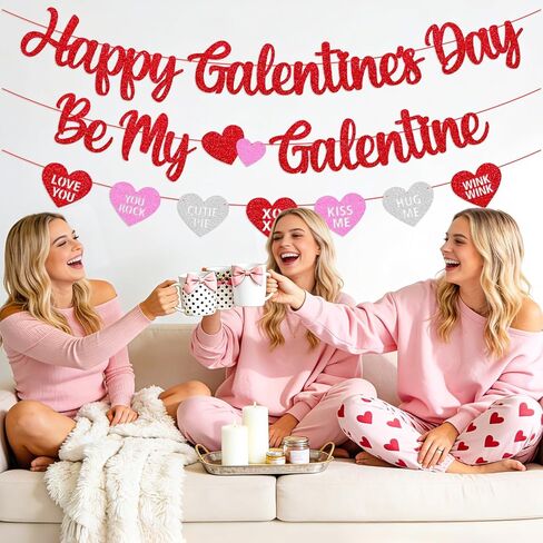 Happy Galentine's Day Banner Be My Galentine Conversation Hearts Garland Pre-strung Glitter Red Valentine’s Day Decor for Girls’ Night Party Decoration in Kuwait