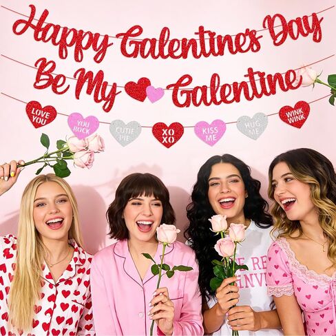 Happy Galentine's Day Banner Be My Galentine Conversation Hearts Garland Pre-strung Glitter Red Valentine’s Day Decor for Girls’ Night Party Decoration in Kuwait