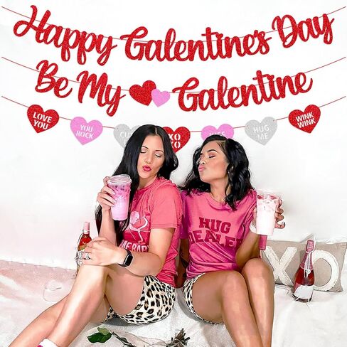 Happy Galentine's Day Banner Be My Galentine Conversation Hearts Garland Pre-strung Glitter Red Valentine’s Day Decor for Girls’ Night Party Decoration in Kuwait