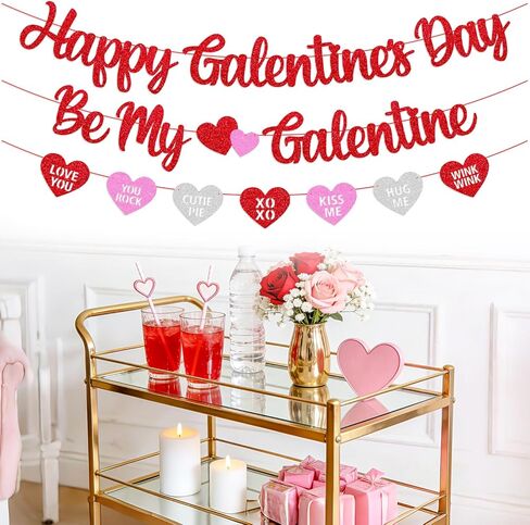 Happy Galentine's Day Banner Be My Galentine Conversation Hearts Garland Pre-strung Glitter Red Valentine’s Day Decor for Girls’ Night Party Decoration in Kuwait