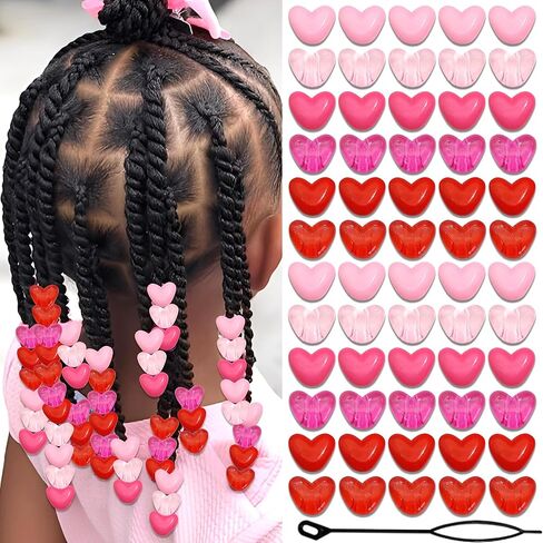 90PCS Heart Braids Beads Cute Loc Jewelry for Kids Girls Pink Red Heart Shape Pony Bead Lovely Valentine's Day Hair Dreadlock Accessories in Saudi Arabia