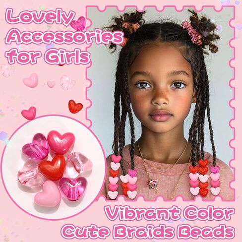 90PCS Heart Braids Beads Cute Loc Jewelry for Kids Girls Pink Red Heart Shape Pony Bead Lovely Valentine's Day Hair Dreadlock Accessories in Saudi Arabia