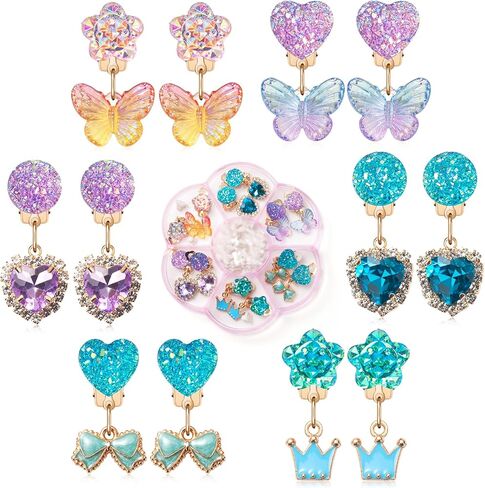 Clip on Earrings for Girls, 16Pcs Kids Clip on Earrings for Little Girls Dangle Stick on Earring Party Favor, Toddler Earring Princess Pretend Play Dress up Jewelry Gifts in Saudi Arabia