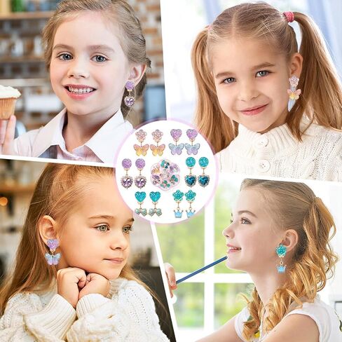 Clip on Earrings for Girls, 16Pcs Kids Clip on Earrings for Little Girls Dangle Stick on Earring Party Favor, Toddler Earring Princess Pretend Play Dress up Jewelry Gifts in Saudi Arabia