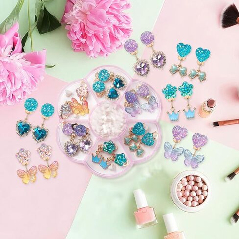Clip on Earrings for Girls, 16Pcs Kids Clip on Earrings for Little Girls Dangle Stick on Earring Party Favor, Toddler Earring Princess Pretend Play Dress up Jewelry Gifts in Saudi Arabia
