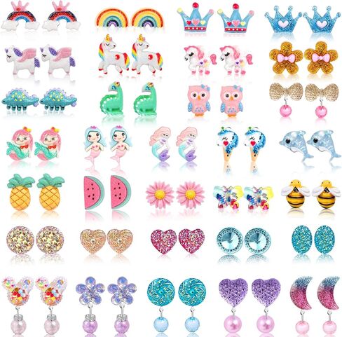 مجموعة أقراط بمشبك على الأقراط من Sunxiner مناسبة للأعمار من 4 إلى 12 عامًا للفتيات الصغيرات، 10/12/30/32، مجموعة هدايا مجوهرات بأقراط صغيرة لطيفة على الأقراط in Kuwait