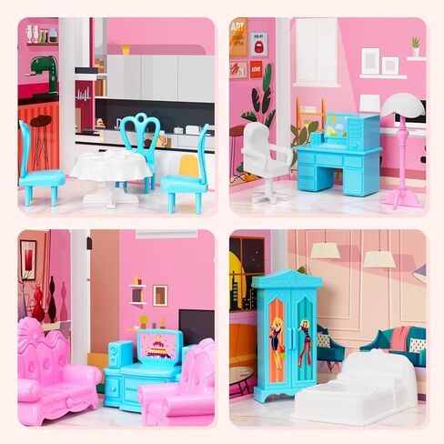 بيت الدمى المكون من 4 قصص للفتيات، بيت لعب من إكسسوارات بيت الدمى مع الأثاث و11 غرفة، بيت اللعب التظاهري مع أضواء للأطفال، مجموعة ألعاب بناء الدمى المحمولة هدية للأعمار من 6 سنوات فما فوق in Kuwait