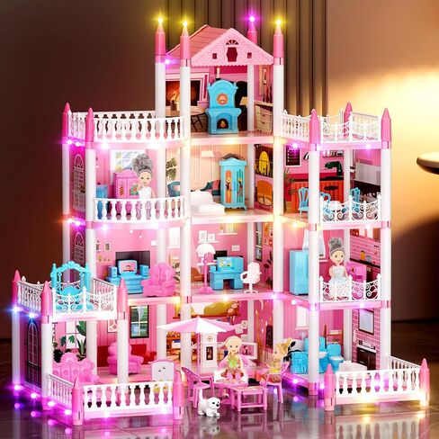 بيت الدمى المكون من 4 قصص للفتيات، بيت لعب من إكسسوارات بيت الدمى مع الأثاث و11 غرفة، بيت اللعب التظاهري مع أضواء للأطفال، مجموعة ألعاب بناء الدمى المحمولة هدية للأعمار من 6 سنوات فما فوق in Kuwait