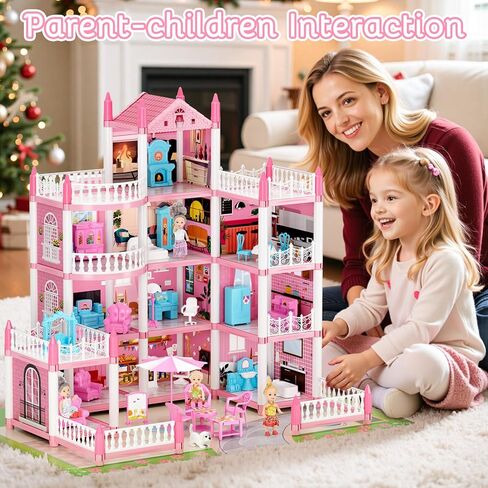 بيت الدمى المكون من 4 قصص للفتيات، بيت لعب من إكسسوارات بيت الدمى مع الأثاث و11 غرفة، بيت اللعب التظاهري مع أضواء للأطفال، مجموعة ألعاب بناء الدمى المحمولة هدية للأعمار من 6 سنوات فما فوق in Kuwait