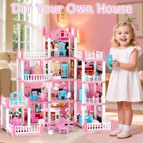 بيت الدمى المكون من 4 قصص للفتيات، بيت لعب من إكسسوارات بيت الدمى مع الأثاث و11 غرفة، بيت اللعب التظاهري مع أضواء للأطفال، مجموعة ألعاب بناء الدمى المحمولة هدية للأعمار من 6 سنوات فما فوق in Kuwait