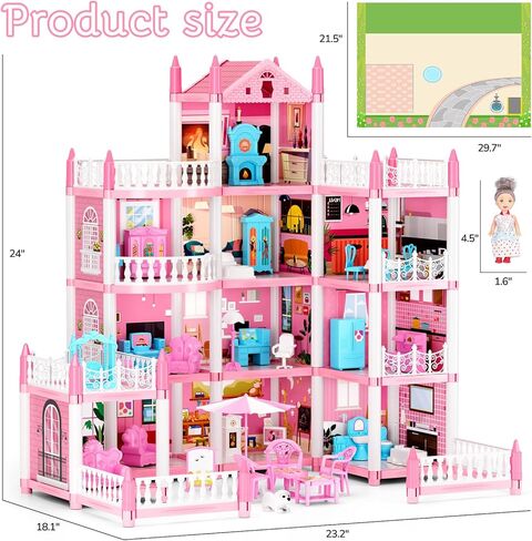 بيت الدمى المكون من 4 قصص للفتيات، بيت لعب من إكسسوارات بيت الدمى مع الأثاث و11 غرفة، بيت اللعب التظاهري مع أضواء للأطفال، مجموعة ألعاب بناء الدمى المحمولة هدية للأعمار من 6 سنوات فما فوق in Kuwait