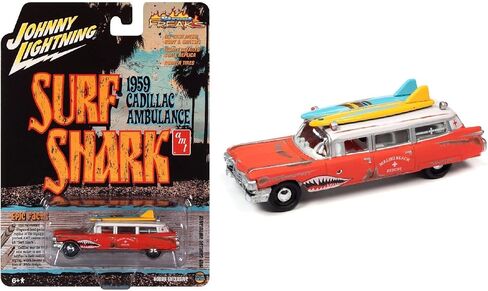 Johnny Lightning 1959 Cadillac Ambulance Red with White Top Malibu Beach Rescue (Weathered) with Surfboards on Roof Surf Shark Street Freaks Series 1/64 Diecast Model Car in Saudi Arabia