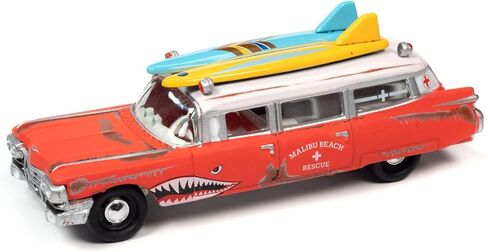 Johnny Lightning 1959 Cadillac Ambulance Red with White Top Malibu Beach Rescue (Weathered) with Surfboards on Roof Surf Shark Street Freaks Series 1/64 Diecast Model Car in Saudi Arabia