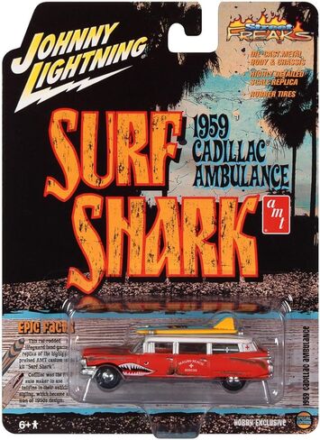 Johnny Lightning 1959 Cadillac Ambulance Red with White Top Malibu Beach Rescue (Weathered) with Surfboards on Roof Surf Shark Street Freaks Series 1/64 Diecast Model Car in Saudi Arabia