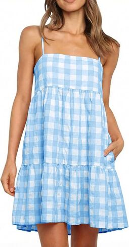 LPCBDEE Womens Plaid A-line Dresses Shoulder Straps Ruffle Hem Casual Mini Dress with Side Pocket in Kuwait