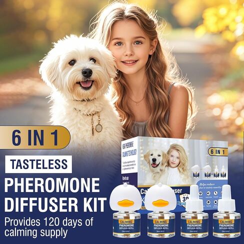 مجموعة ناشر فرمونات مهدئة للكلاب 6 في 1 لتلطيف ناشر الفيرومونات للتهدئة (2 قابس + 4 × 48 مل إعادة تعبئة) لتخفيف القلق وتقليل العدوانية ومكافحة الإجهاد والنباح، كمية تكفي 120 يومًا (لا طعم لها) in Kuwait