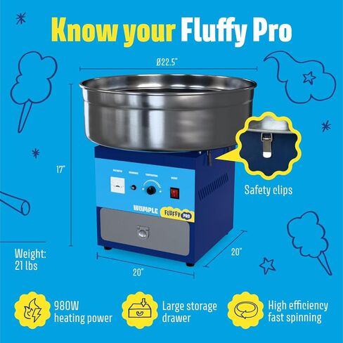 ماكينة حلوى القطن برو، ماكينة كهربائية تجارية مع درج ووعاء كبير من الفولاذ المقاوم للصدأ، مثالية للحفلات والأعمال (أزرق) in Kuwait