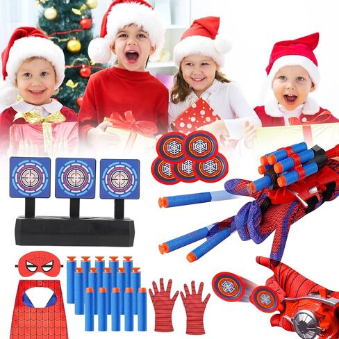 3 Sets Spider Web Shooters Valentines Day for Kids Easter Basket Stuffers Wrist Launcher Toys with Hero Gloves Auto Resetting Boards Spider Cape and Mask Cosplay Costume for Kids Birthday Party in Saudi Arabia
