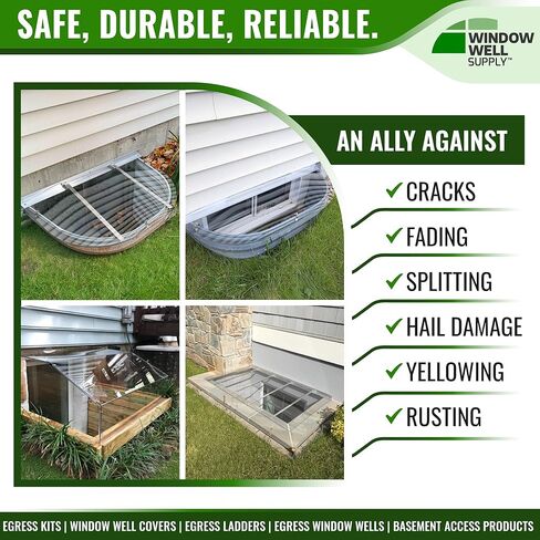 Atrium Basement Window Well Covers Outside Protection 44"L x 18"W x 12"H Made in USA - Easy Installation Clear Polycarbonate Egress Window Well Cover, UV Resistant with Rust-Free Aluminum Bracing in Saudi Arabia