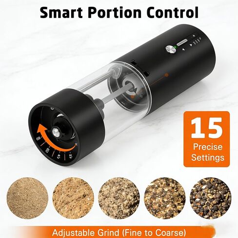 مطحنة كهربائية بسعة كبيرة 118 مل مع ضوء LED، شحن سريع USB-C، خشونة قابلة للتعديل، 15 إعدادًا مسبقًا، مطحنة توابل ملح الفلفل، أداة مطبخ أنيقة in Kuwait