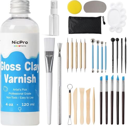 Nicpro 120ml Air Dry Clay Glaze and 32 PCS Clay Tools Kit, A Gloss Varnish Protects Clay from Surface Wear, Pottery Tools Can be Used for Stippling, Carving, Molding, and Shaping Crafts in Saudi Arabia