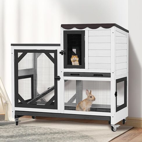 Gutinneen Duplex Rabbit Hutch داخلي مع إطار مقاوم للمضغ وصواني منزلق مقاومة للتسرب ، غطاء المطر ، أقفاص خنزير غينيا خشبية مع عجلات-رمادية in Kuwait