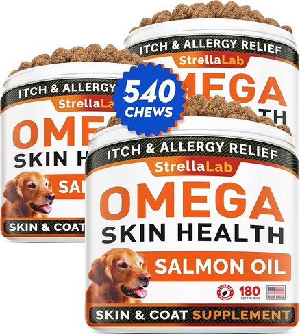 STRELLALAB Omega 3 for Dogs - (180Ct) Fish Oil Treats - Allergy & Itch Relief Skin & Coat Supplement - Dry Itchy Skin, Anti Shedding & Hot Spots Treatment - Pet Salmon Oil Chews - Chicken Flavor in Kuwait