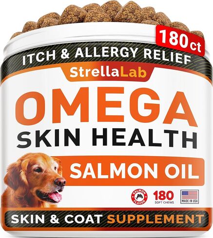 STRELLALAB Omega 3 for Dogs - (180Ct) Fish Oil Treats - Allergy & Itch Relief Skin & Coat Supplement - Dry Itchy Skin, Anti Shedding & Hot Spots Treatment - Pet Salmon Oil Chews - Chicken Flavor in Kuwait