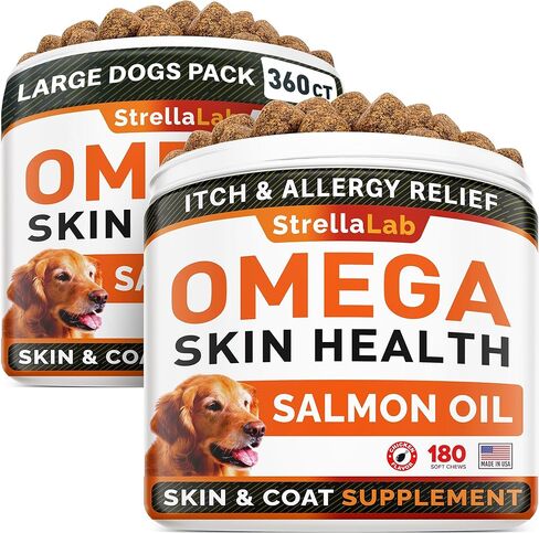 STRELLALAB Omega 3 for Dogs - (180Ct) Fish Oil Treats - Allergy & Itch Relief Skin & Coat Supplement - Dry Itchy Skin, Anti Shedding & Hot Spots Treatment - Pet Salmon Oil Chews - Chicken Flavor in Kuwait