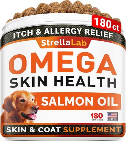 STRELLALAB Omega 3 for Dogs - (180Ct) Fish Oil Treats - Allergy & Itch Relief Skin & Coat Supplement - Dry Itchy Skin, Anti Shedding & Hot Spots Treatment - Pet Salmon Oil Chews - Chicken Flavor in Kuwait