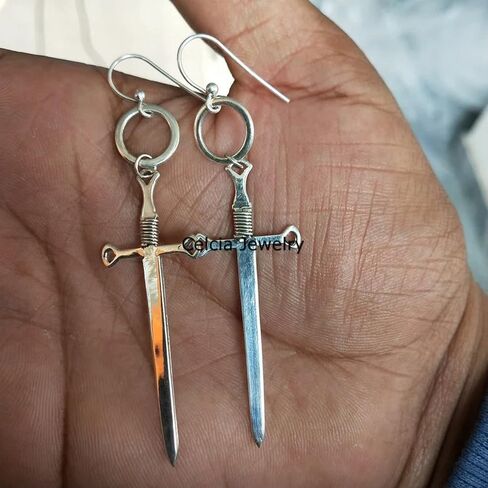 Real 925 Sterling Silver Dangle Drop Earrings for Women, Two Swords Earrings, Boho Statement Earrings, Amazing Handcrafted Jewelry for Her in Saudi Arabia