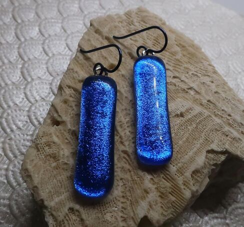 2" Long Bright Denim Blue Dichroic Glass Niobium Dangle Earrings N307 in Saudi Arabia