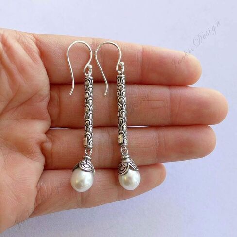 Sterling Silver Dangle Earrings with White Baroque Pearls JD169 Boho Vintage Drop Earrings in Saudi Arabia