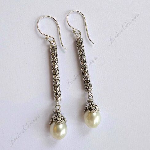 Sterling Silver Dangle Earrings with White Baroque Pearls JD169 Boho Vintage Drop Earrings in Saudi Arabia