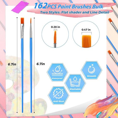 162 Pcs Paint Brushes Bulk, Round Flat Tip Acrylic Paint Brushes Set for Kids Classroom Crafts Oil Watercolor Canvases Face Painting Touch Up in Saudi Arabia
