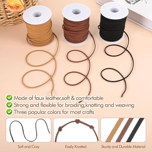 6 Rolls Flat Leather Cord String, Suede Leather Shoe Laces for Boots, Leather-Strips for Jewelry Making, Bracelets, Necklaces, Crafts, Tassels and Dream Catchers (Black, Coffee, Light Brown) in Saudi Arabia