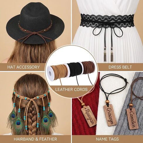 6 Rolls Flat Leather Cord String, Suede Leather Shoe Laces for Boots, Leather-Strips for Jewelry Making, Bracelets, Necklaces, Crafts, Tassels and Dream Catchers (Black, Coffee, Light Brown) in Saudi Arabia