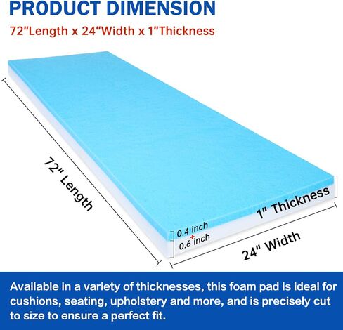 High Density Upholstery Foam Cushion - 1" Thick x 24" x 72", Gel Memory Foam Support Padding for Seat Cushion Replacement, DIY Projects, Sofa Mattress Support in Saudi Arabia