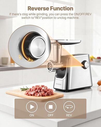 Meat Grinder Electric 3000W Max with High-Efficiency Copper Motor, Auto-Reverse & Hidden Storage - 3-in-1 Sausage Stuffer & Kubbe Maker Making for Home Use, Stainless Steel in Saudi Arabia