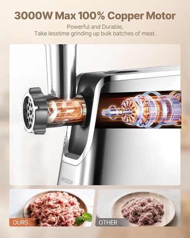Meat Grinder Electric 3000W Max with High-Efficiency Copper Motor, Auto-Reverse & Hidden Storage - 3-in-1 Sausage Stuffer & Kubbe Maker Making for Home Use, Stainless Steel in Saudi Arabia