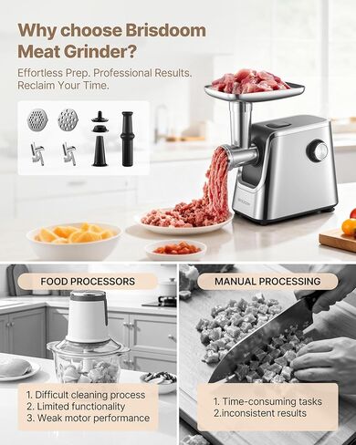 Meat Grinder Electric 3000W Max with High-Efficiency Copper Motor, Auto-Reverse & Hidden Storage - 3-in-1 Sausage Stuffer & Kubbe Maker Making for Home Use, Stainless Steel in Saudi Arabia